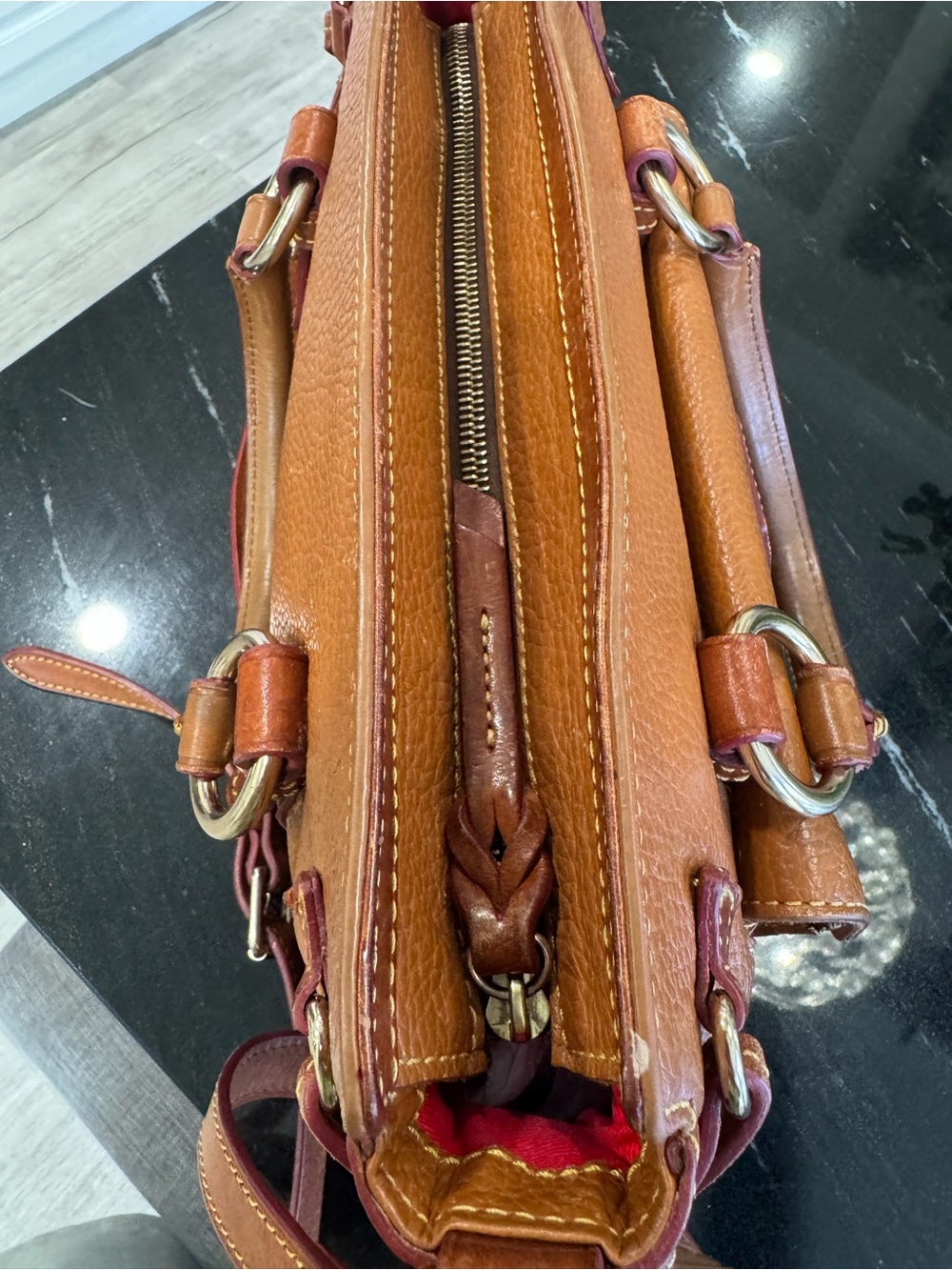 🦆Dooney & Bourke Florentine Pocket Satchel Natural Tan Cognac Leather Crossbody - Picture 15 of 16